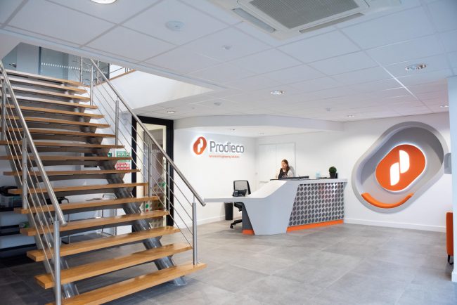 reconstruction and fit out Office HQ bespoke wall and exposed ceiling detail