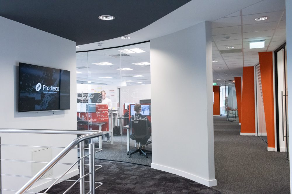 Prodieco reconstruction and fit out Office Bespoke curved glazed partition systems