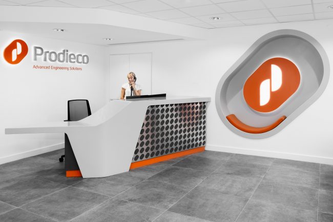 Prodieco reconstruction and fit out Office HQ bespoke wall and exposed ceiling detail